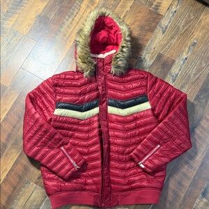 Robert Phillipe Red Puffer Jacket Faux Fur Hood Striped Winter Coat 4XL